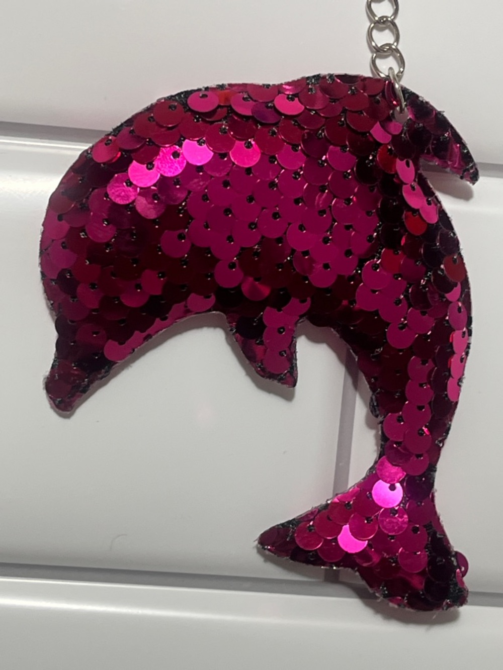 Sequin Dolphin Keychain in Hot Pink Hand Crafted - Picture 4 of 4